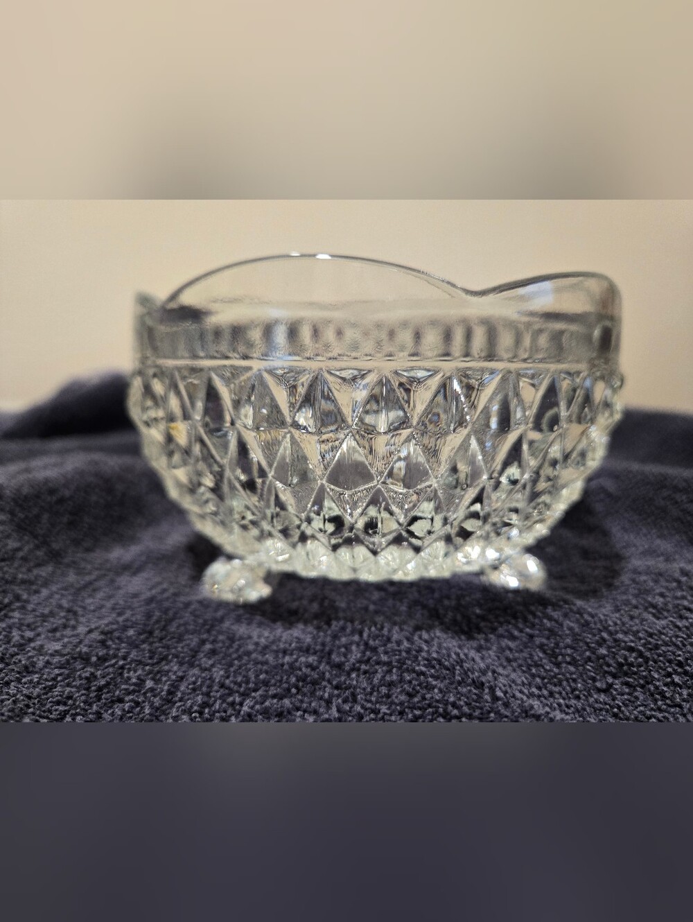 Vintage Indiana Glass Crystal Diamond Point 3 footed bon bon/ candy bowl